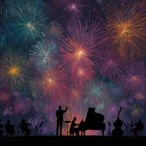 Create a colorful image of firework bursts in the sky with a piano, orchestra conductor, bass