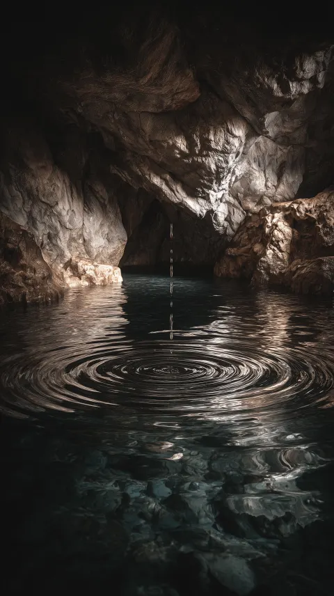 Dark limestone cave, deep underground pool of water