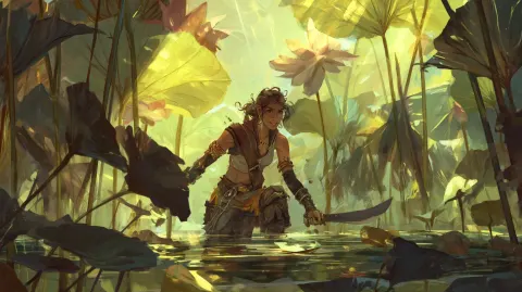 An athletic, fierce young desi pirate queen, sneaking through a swamp