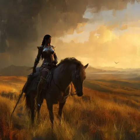 Beautiful black female dark knight from Black Desert Online, middle-aged, braids, curvaceous