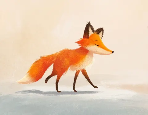 Fox walking slowly with tired expression, holding stomach, dynamic side pose, minimal ground line