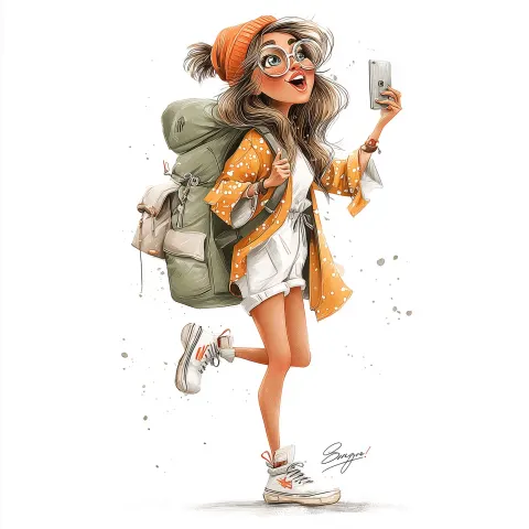 Whimsical funny watercolor clipart of a stylish woman traveler with a backpack, taking a photo