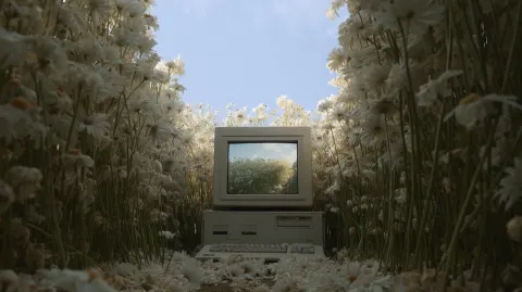 Photograph of a surreal poster-style scene, an old bulky CRT computer sitting among dense flowers