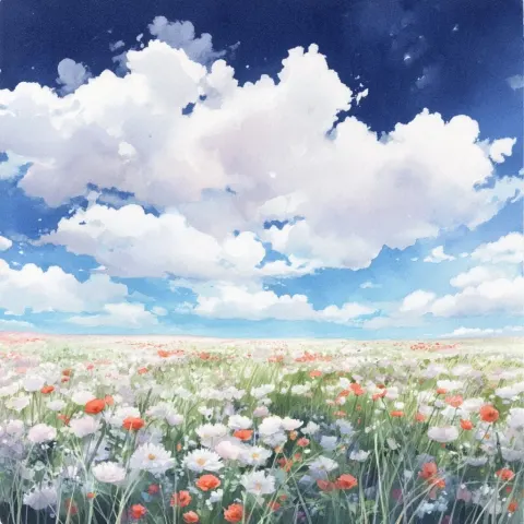 A beautiful landscape of a flower-filled meadow; a daytime sky viewed from below; a vivid watercolor