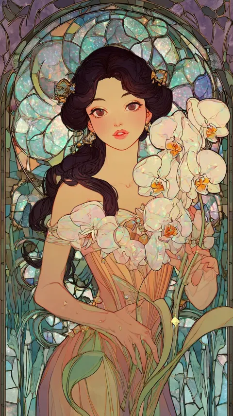 Alphonse Mucha style, A Beautiful lady of image of Aphrodite, queen of orchid, royal