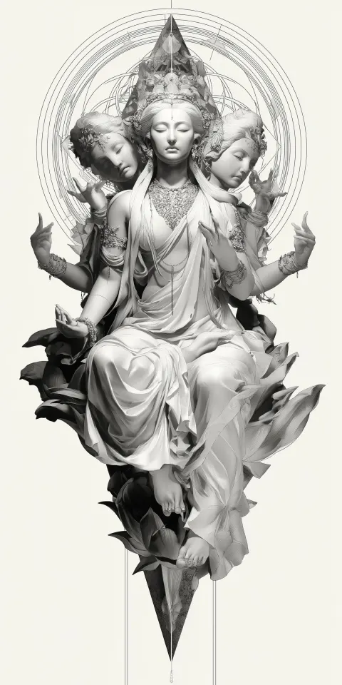 A highly detailed black and white tattoo design of a multi-armed deity with three faces