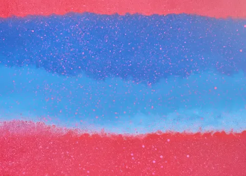 Abstract art, composition, red and blue and light blue, top and bottom area a slightly a red