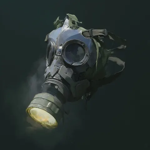 A crude respirator mask made from salvaged metal and cloth straps with a softly glowing filtration c
