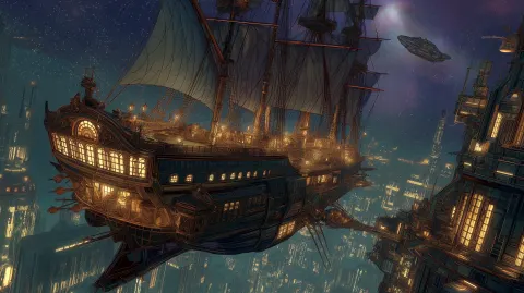 Colossal space pirate galleon docking above steampunk art deco city at night, hybrid ship design