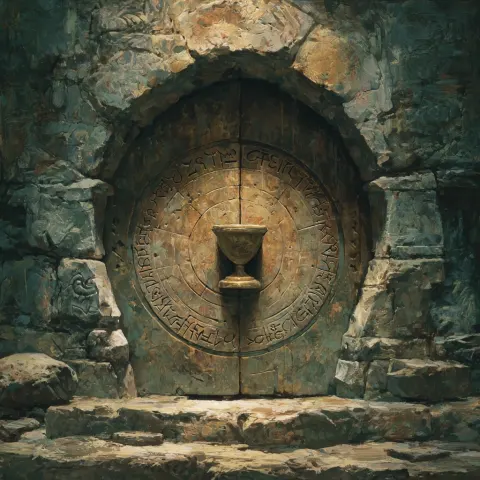 DnD art. Oil painting style. A sealed stone door with a small carved chalice at its centre. Inscript