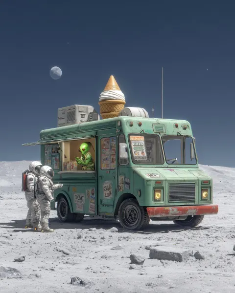 Vintage ice cream truck, plastic ice cream cone on top, game art, concept art, concept sheet