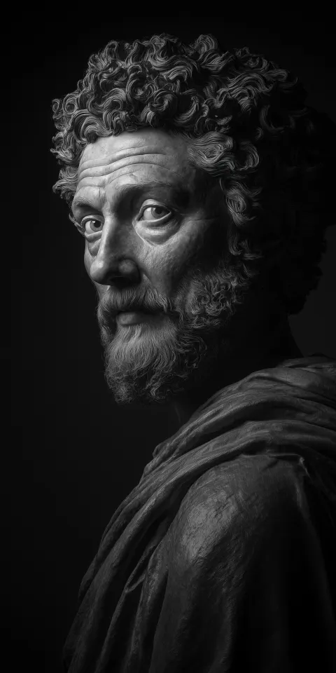 Strong cinematic grayscale photograph of Marcus Aurelius, subject facing to the left (inward)