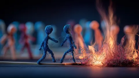 A few kid-like blue-colored matchstick-figures walk among some burning matchstick-figures