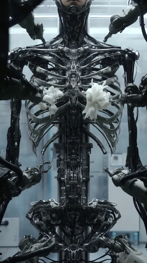 A female humanoid biomechanical skeleton fixed on a vertical assembly platform in a sterile futurist