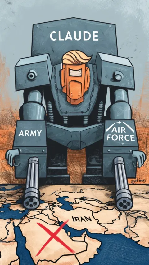 Political satire cartoon of a robot named "Claude" aiming 2 guns at a map of the Middle East