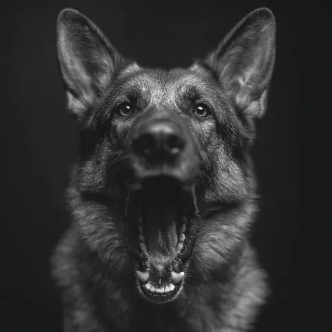 An agressive german shepard violently barking at camera with a black and white filter and high contr