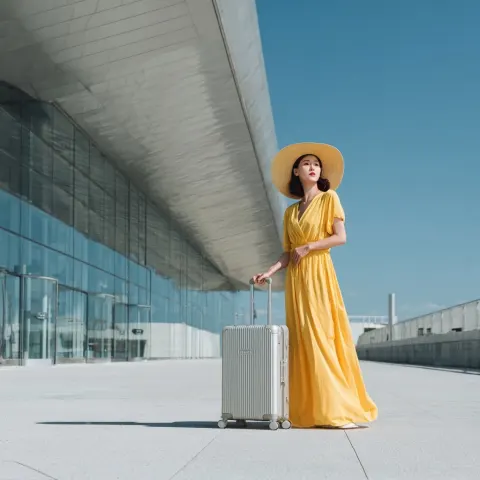 Full body fashion editorial shot of a young Korean woman wearing a long flowing yellow resort dress
