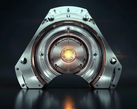 Macro close-up of a futuristic mechanical core shaped like an abstract A, circular metal rings