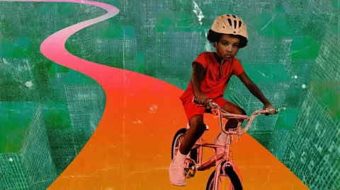 A kid riding his bike through a crowded futuristic city. intricate details, bold colors