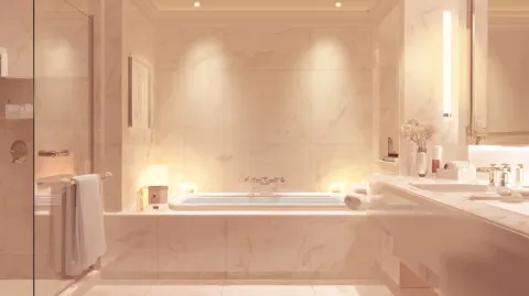 A stylized luxury bathroom interior at night, warm soft lighting