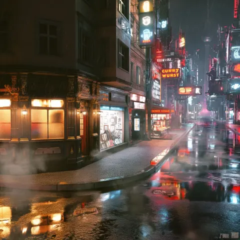 Cyberpunk-inspired rainy Berlin street at night, ultra-realistic cinematic cityscape