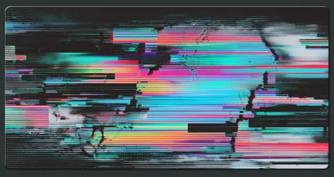 Glitchcore aesthetic desk mat, black background, heavy digital distortion, broken pixels