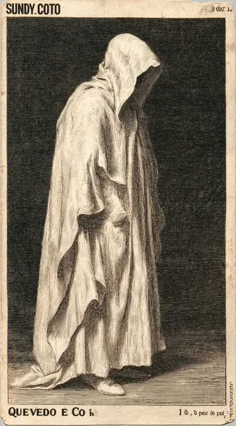 A man in a white cloak and hooded cape with his face covered by cloth. the style of the illustration
