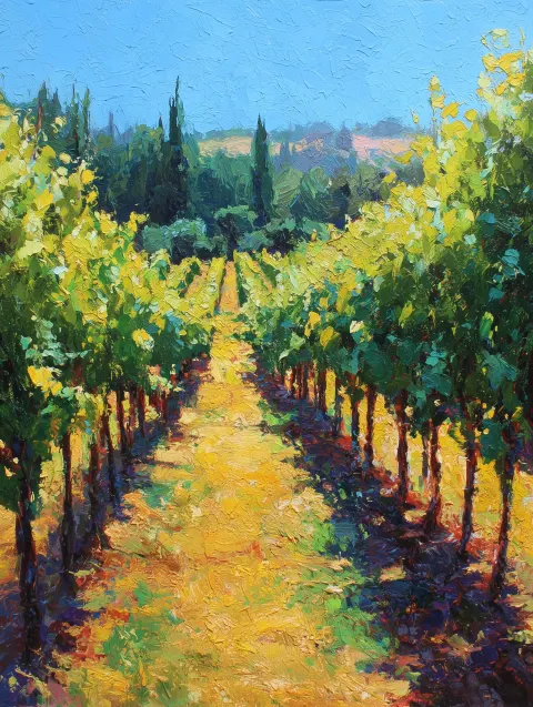 Vineyard at noon, intense sunlight, citrus highlights, heavy paint texture
