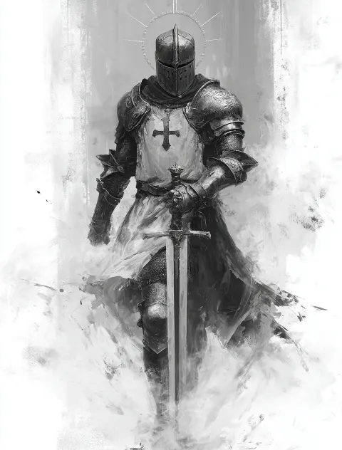 A knight in full armor, holding the sword of spiritual power and radiating divine light. the backgro