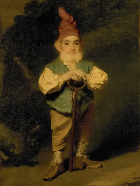 Full-length Late Rembrandt portrait of a small gnome, front-facing, eye-level