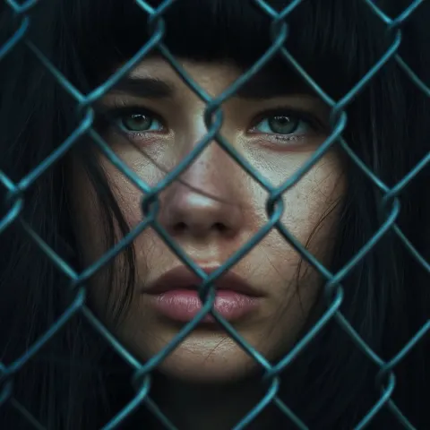 A woman, beautifull eyes, thick lip, only face, face magazine, face up, sad, behind chainlink fence