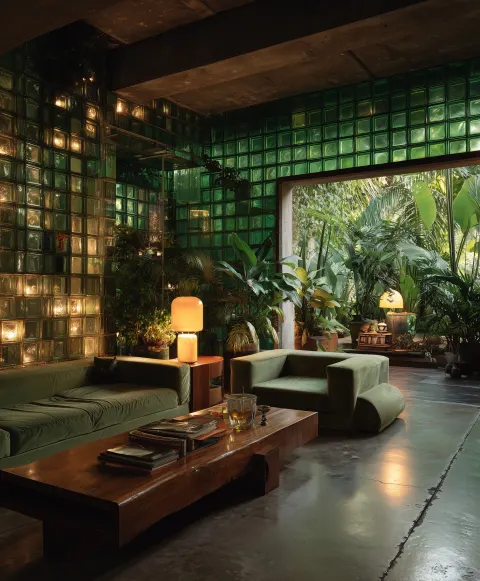 A large living room with green glass blocks on the wall, a concrete floor