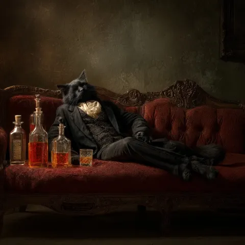 Black cat vampire in gothic suit lying in a sofa completely drunk with bottles of whisky