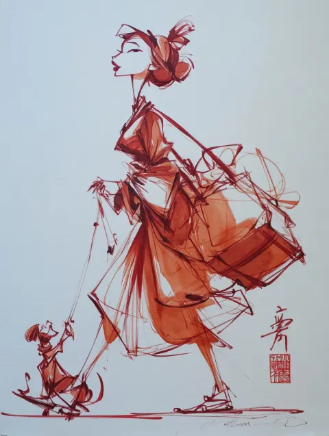 A colorful Chinese ink painting,Abstract. An extremely simple style. continuous line and Use a thick