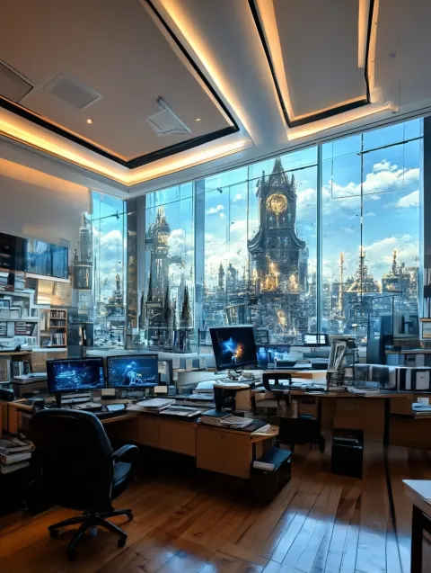 The massive penthouse office of a Wealthy quantum physicist.