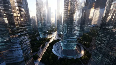 Vivid holographic megastructure scale daylight view, crystalline buildings with refracted light