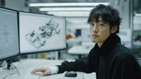 Medium shot of young Japanese male F1 designer designing an F1 car in his design studio. minimalist