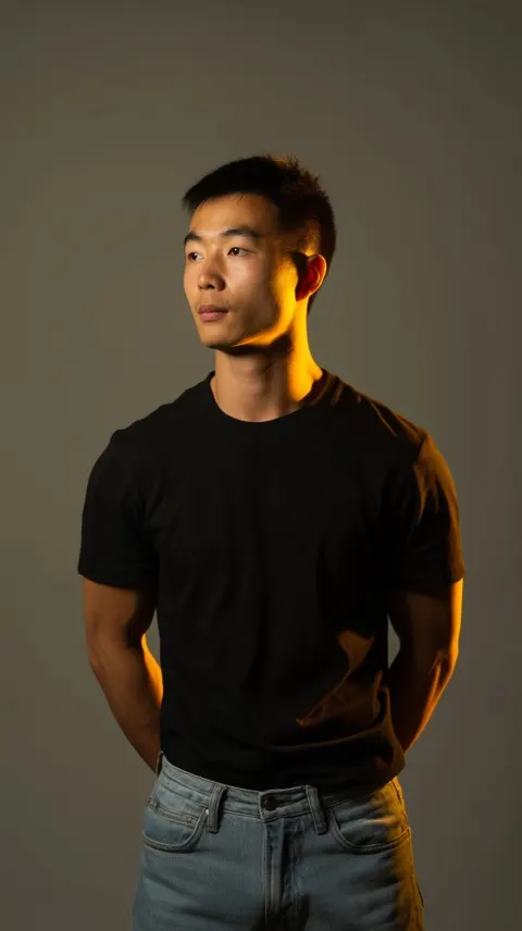 Photorealistic vertical 9:16, handsome 22-year-old Chinese college man suddenly realizing his body h