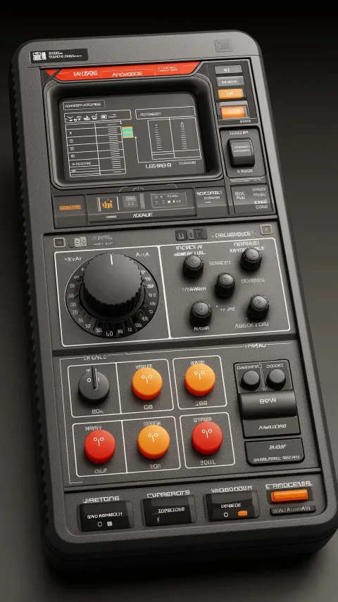 Retro futuristic tech device with intricate buttons and nobs, y2k style haptic plastic