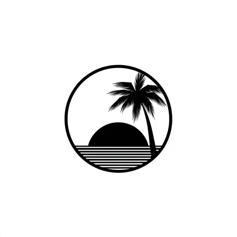 Sun and horizon, palm tree, a simple black and white logo