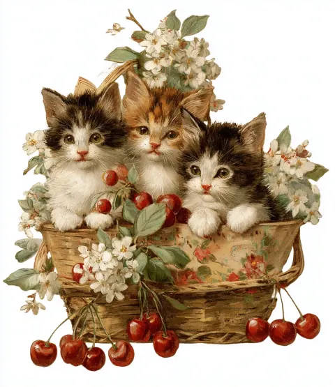 Three cute kittens in a basket with cherries and flowers on a white background, vintage design.