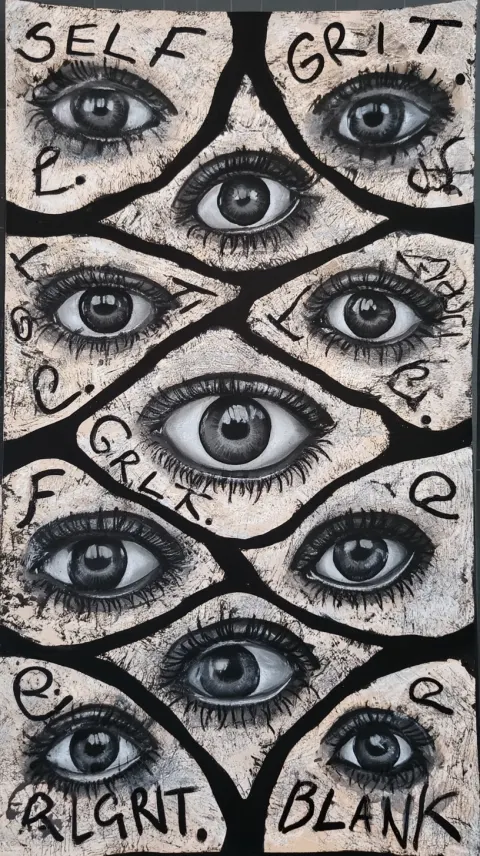 A mixed media collage featuring multiple eyes, arranged in an intricate pattern with the words "self
