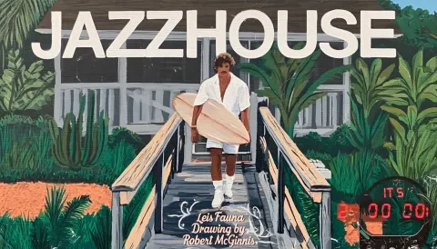 Vhs screengrab of the movie "jazzhouse" with white letters, from an old vhs tape