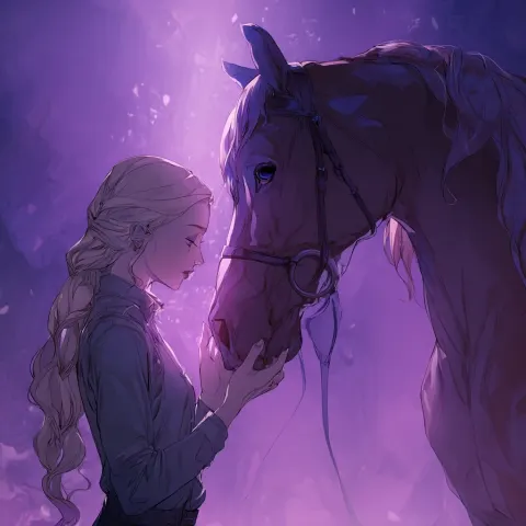 A blonde woman telepathically talking to a horse. Shades of purple, calm atmosphere