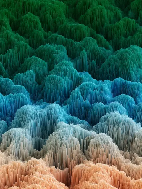 3D render, dense field of thin vertical cylindrical columns, undulating digital waves pattern