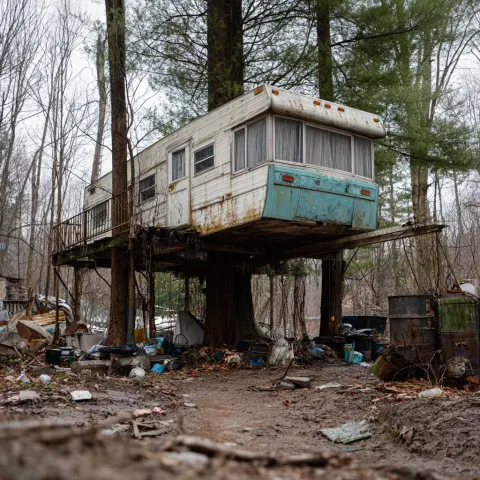 A dilapidated trailer house suspended in the trees surrounded by garbage and junk
