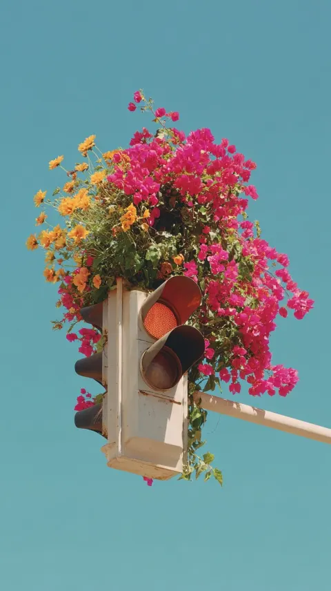 An old city traffic light transformed into a vertical summer flower sculpture