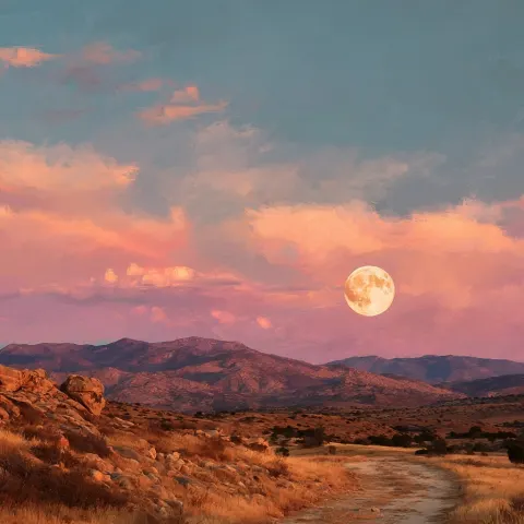 A golden sky sunset with the full pink moon over beautiful high desert mountains