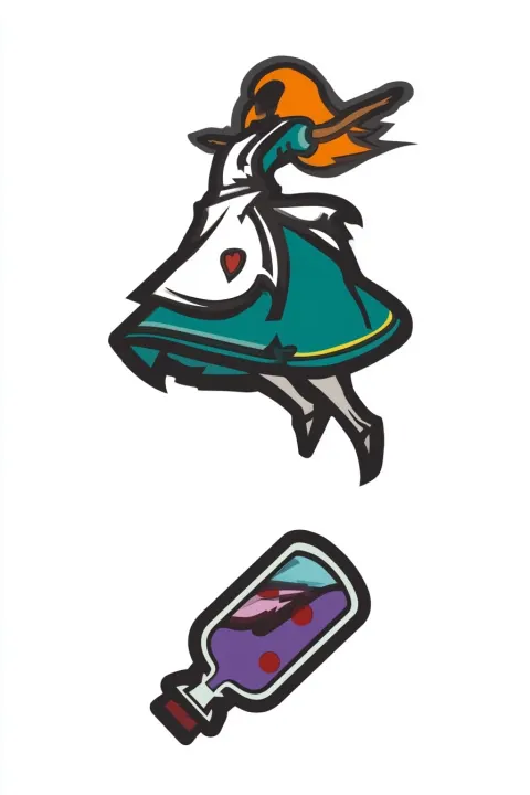 Simple tattoo concept, blank background, alice in wonderland falling, drink me potion, vector