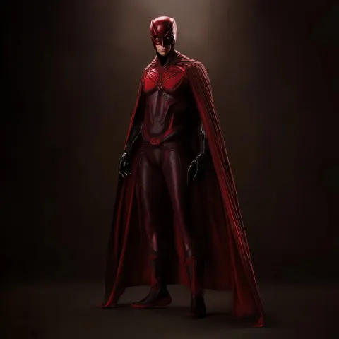 Imagine realistic full body of Superhero stend up in dark red suit and mask